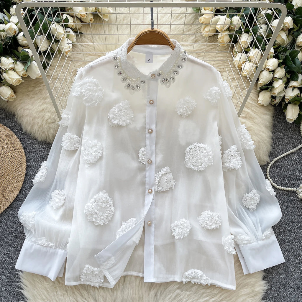 Blusa básica de manga comprida, gola polo vintage, gravata, abotoamento simples, solta, com strass, moda urbana francesa, blusa de outono