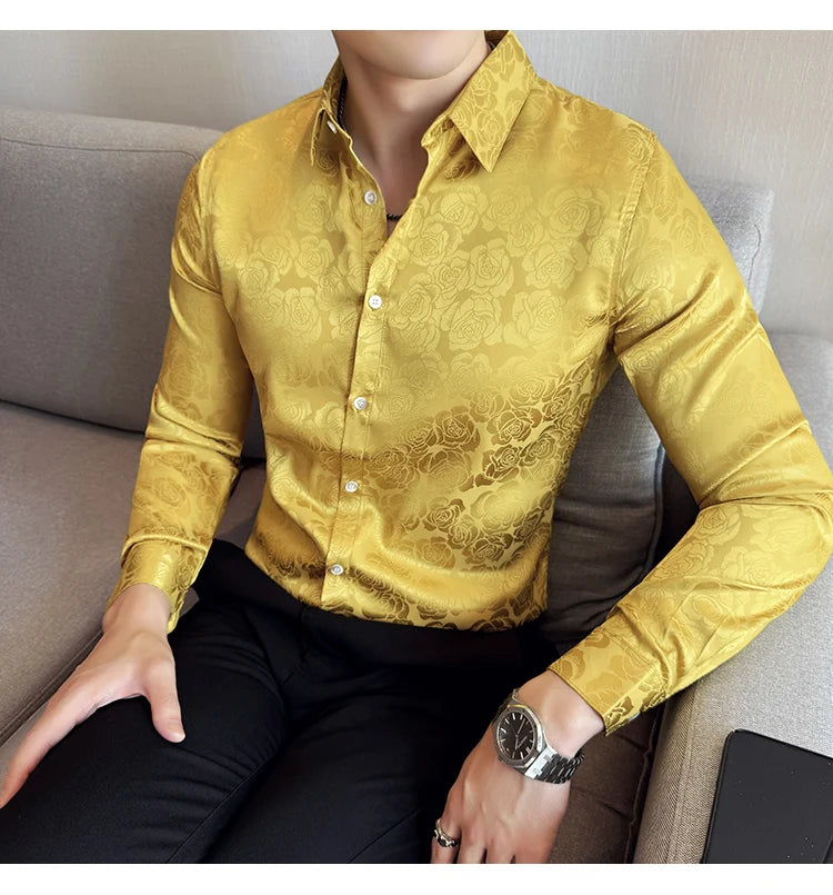Men's Social Shirt New Rose Printed Long Sleeve Shirt Luxury Fashion Business Slim Fit Formal Shirt Men's Clothing 4XL-M