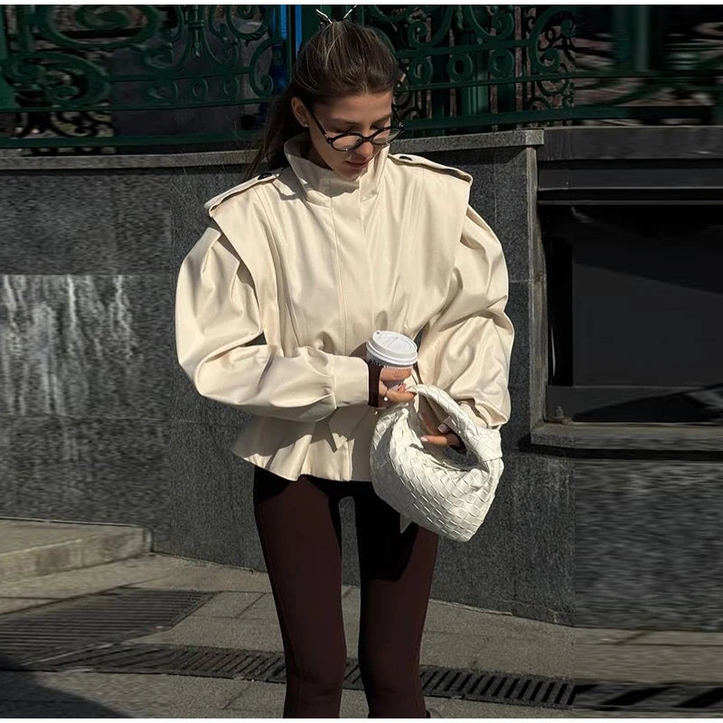 Fashion Stand Collar Belted Waist Short Jacket For Women Casual Puff Sleeve Wide Shoulder Coat Lady 2026 Chic Street Outerwear