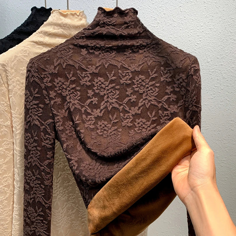 Women's Fleece Lined Lace Base Shirt Half High Collar Inner Wear Autumn Winter Warm plus Size Fat MM Top Commute Style Slim Fit