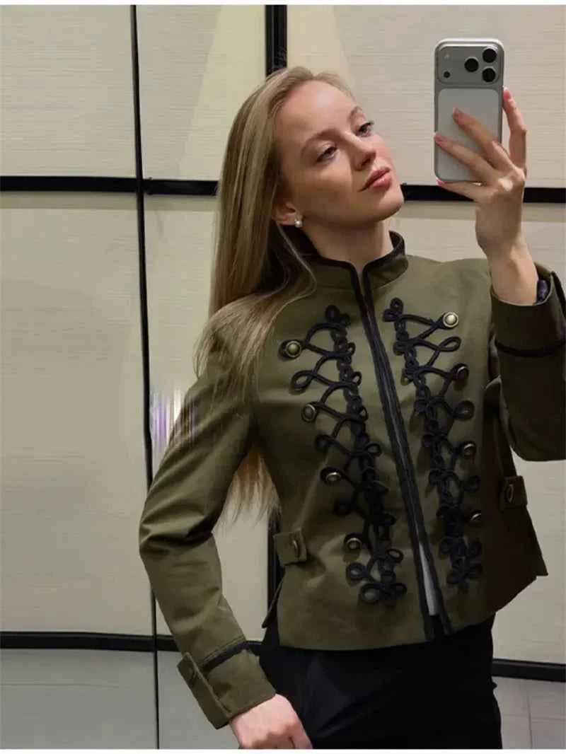 Women's Jacket 2026 Spring New Solid Color Long Sleeve Rope Knot Button Napoleon Style Slim Jacket Fashionable and Unique