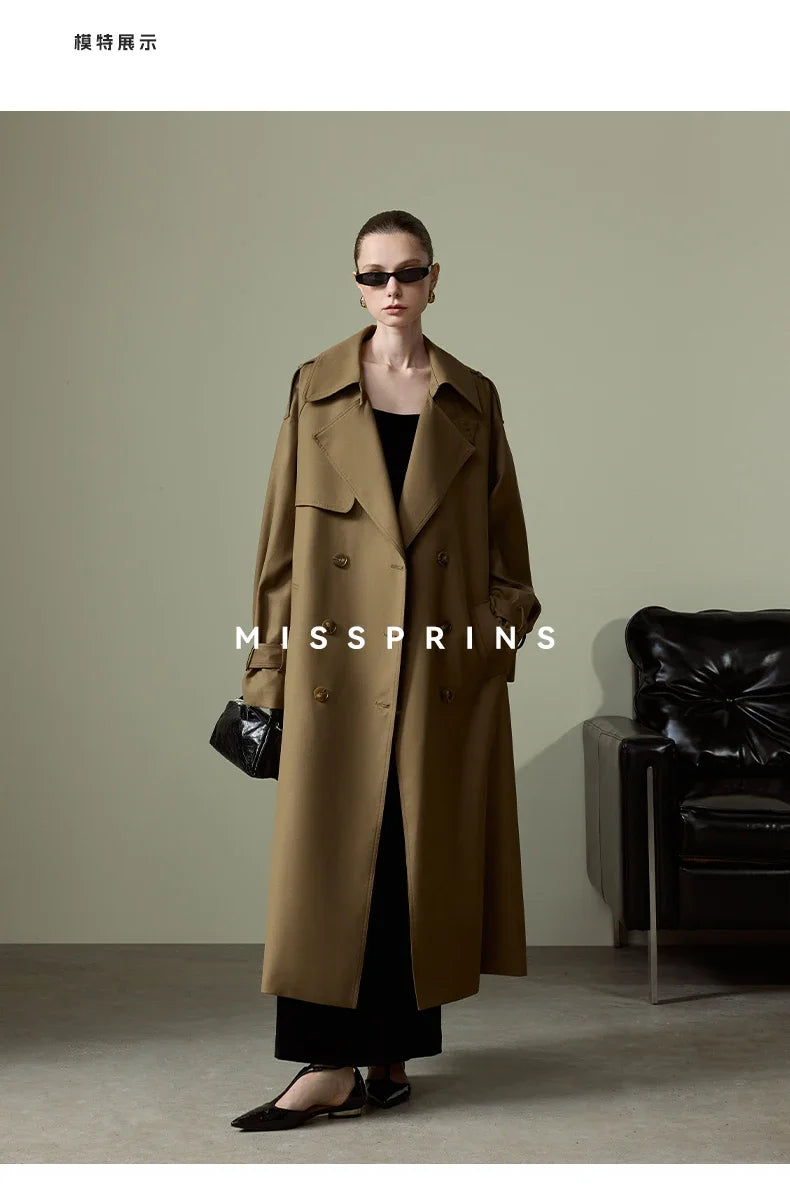 Lautaro Spring Autumn Long Khaki Trench Coat for Women Belt Double Breasted Chic Luxury Designer European Fashion Clothes 2025