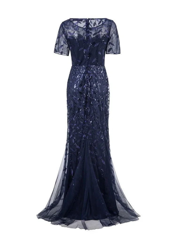 Plus Size Women's Evening Dress Fishtail Short Sleeve Lace Appliqué Tulle Stitching Personalized Design Long Party Evening Dress