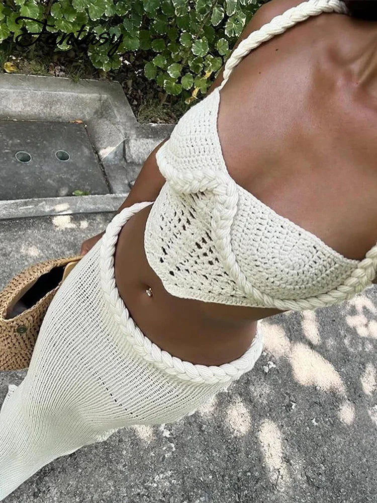 Sexy Knit Crop Tops Skirt Sets Women Sleeveless Backless Sling Tank Long Hip Package Skirts 2025 Holiday Beach 2 Piece Set Lady