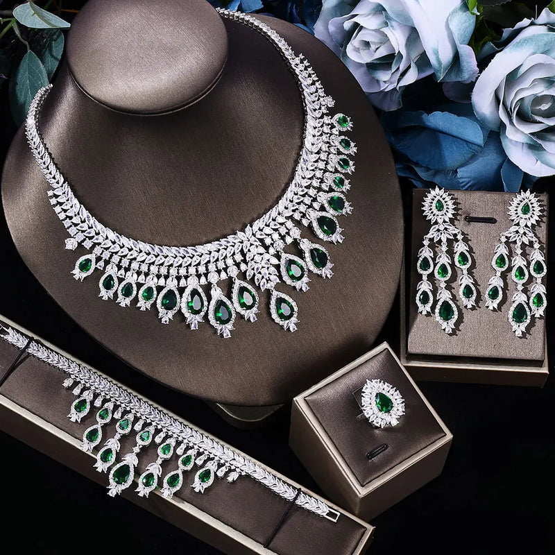 Conjunto de joias de casamento de luxo com 4 peças de zircônia 3A, conjunto de colar de cristal, conjunto de joias Dubai