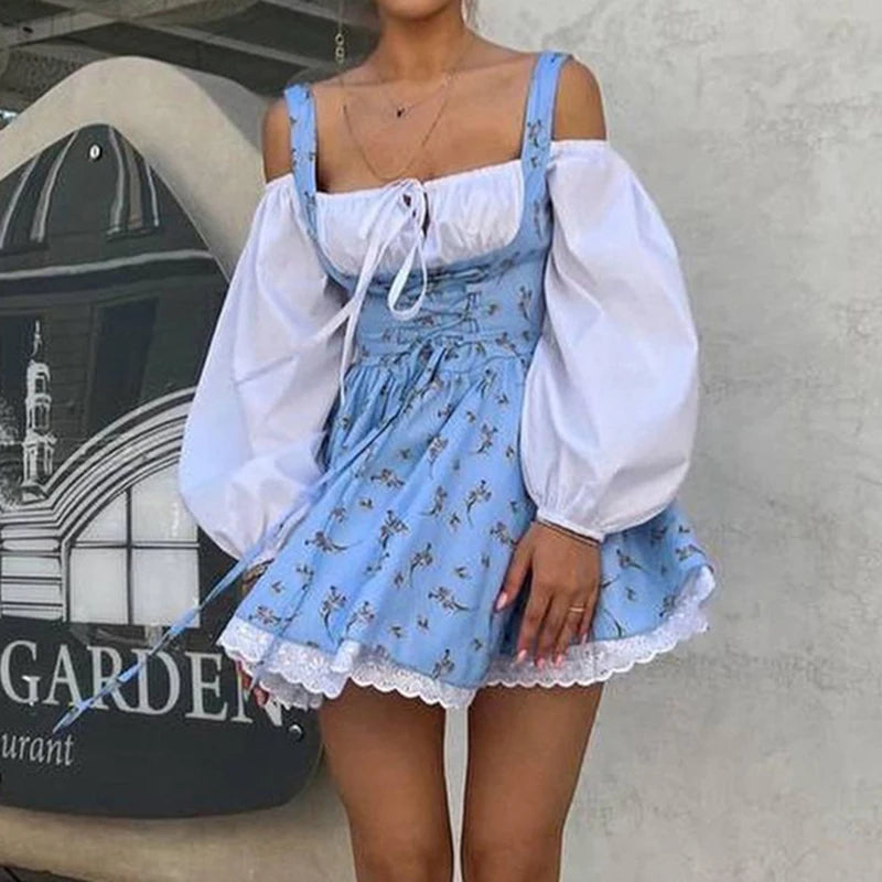 Y2k Cottage Lace Patchwork Off-shoulder Square Collar A-line Dress Floral Printed Fake 2 Piece-set Tie Up Mini Dress Streetwear