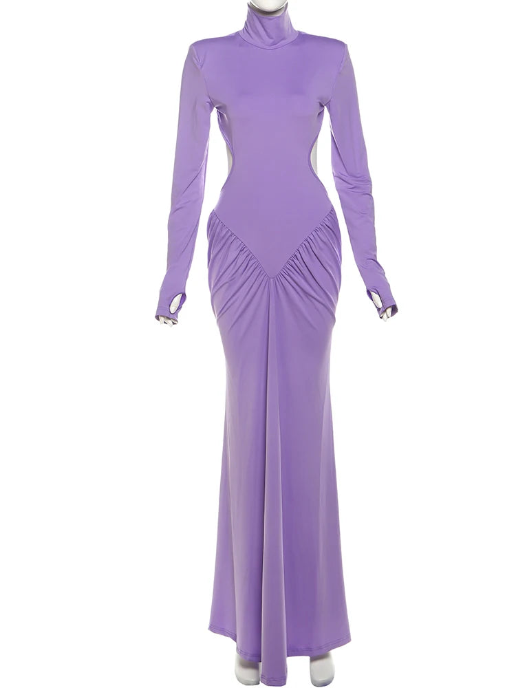 Weird Puss Backless Maxi Dress Women Shoulder Pads Long Sleeve Waistless Peach Buttocks Ruched Elegant Banquet Skinny Vestidos