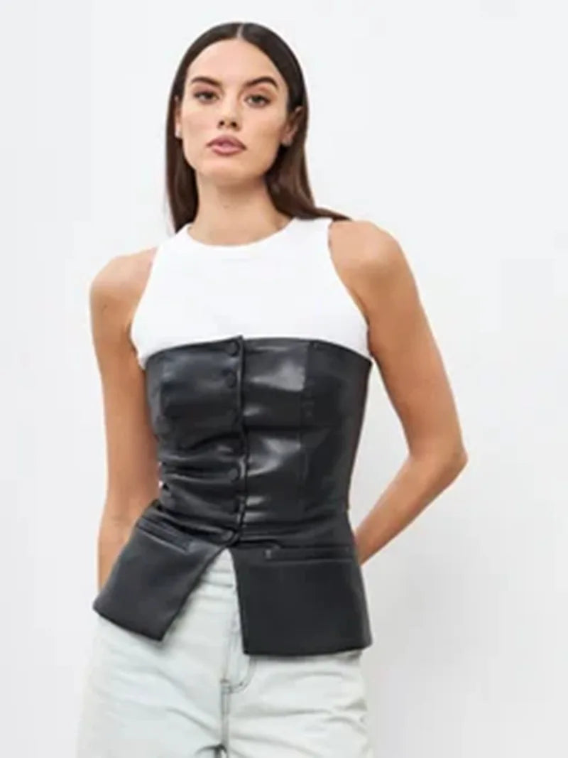 Pulôver Nsauye feminino, de um botão, sexy, sem alças, colete de couro, mini regata justa, moda verão 2025