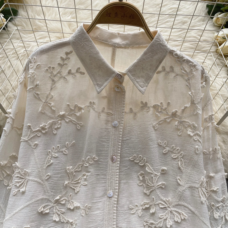 Camisa solta bordada SINGREINY feminina elegante retrô com lapela sólida manga comprida blusa feminina de alta qualidade moda verão