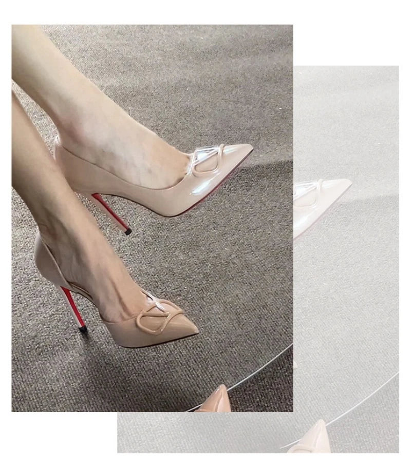 European Banquet Pointed V-Buckle High Heels Thin Heel Patent Leather Side Air Quality Women's Shoes Fashionable And Elegant
