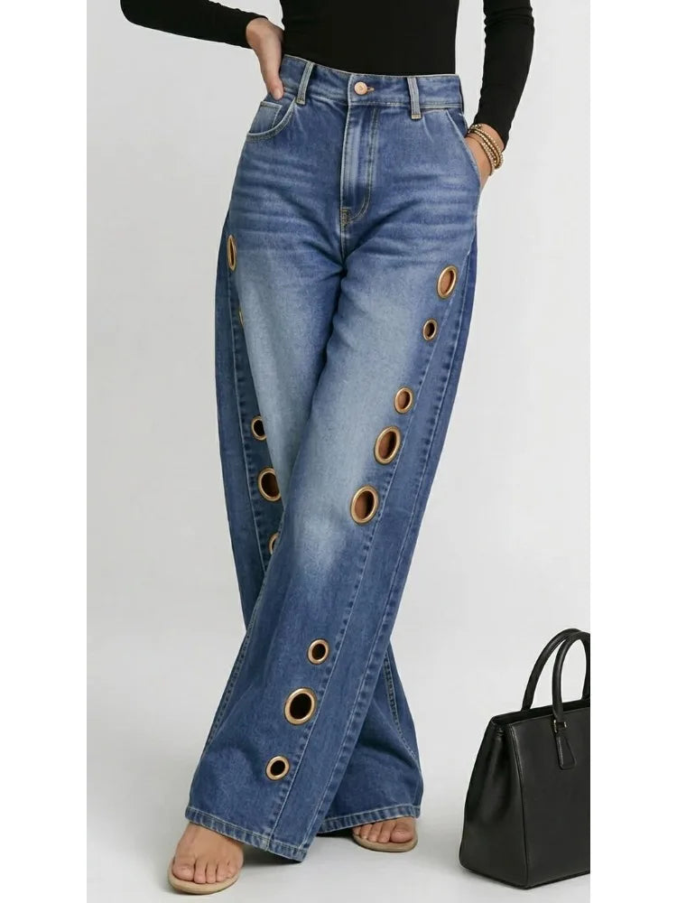 Missuoo Women's Washed Blue High-Waist Metal Grommet Wide Leg Jeans 2026 Casual Loose Fit Streetwear Pants Casual Trousers