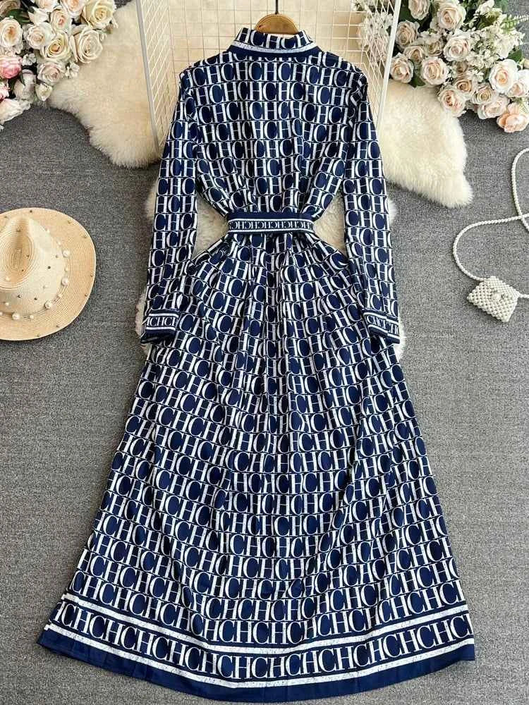 Elegant Retro Long Sleeve Print Shirt Dress Slimming A-Line High Waist Spring Autumn Korean Style Women's City Commute Dress