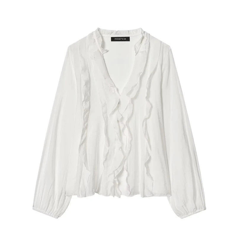 Women Shirt 2025 New Fashion Autumn Long Sleeve Layered Decorative Blouse for Women Casual Chic V-neck Ladies Top