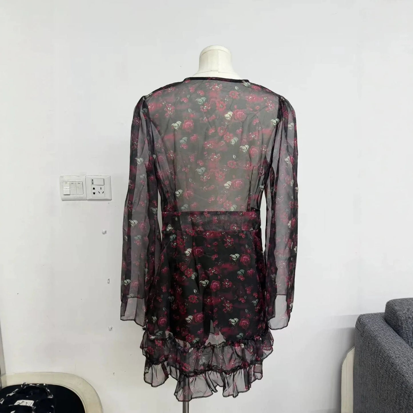 Elegant Floral Print Ruffle Mini Dress Women Sexy Mesh Chiffon Deep V-neck Slim Short Robe 2026 Summer New Lady Party Club Dress