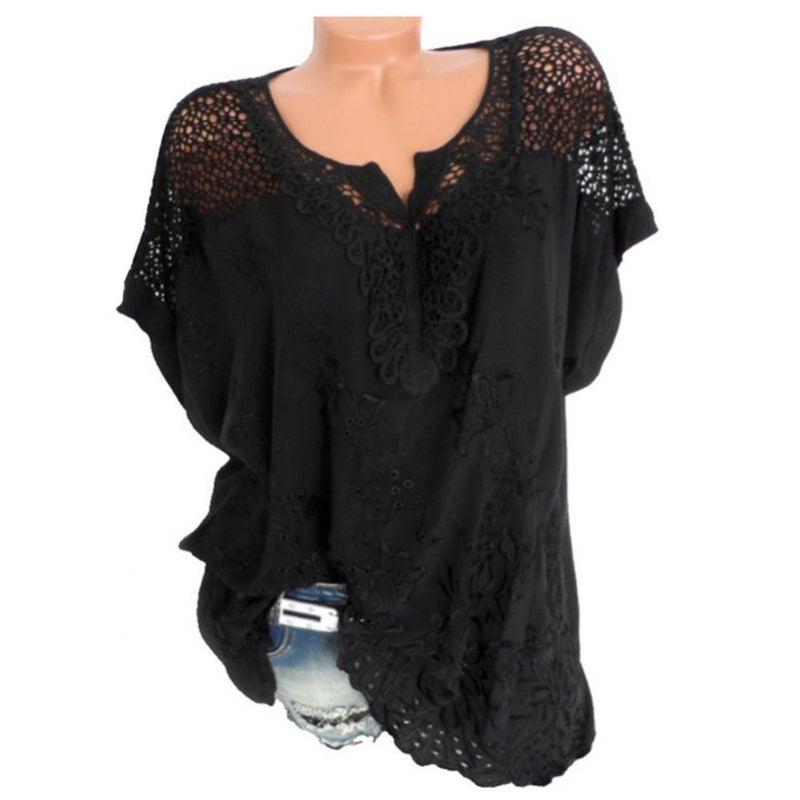 Blusas e tops femininos de manga curta, camisa solta de renda branca, patchwork, tamanho grande 4xl 5xl 6xl, tops femininos, roupas casuais