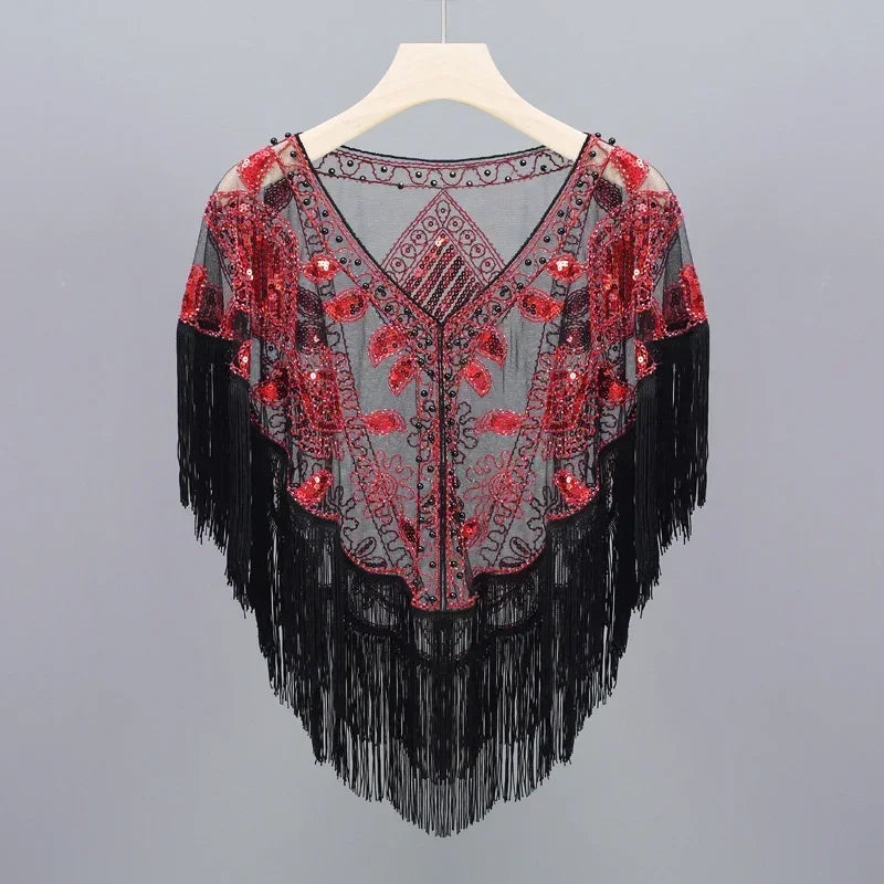 Summer Sequins Tassels Poncho Women Coat Party Outfits Cape Mesh Jacket Ladies Cloak Shawls Casaco Outerwear Wraps Woman Clothes