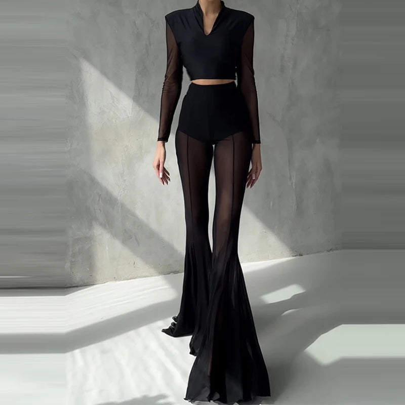 Women's Casual Patchwork Pleated Flared Pants Perspective Mesh Slim Trousers New 2025 Summer Elastic High Waist Club Long Pants