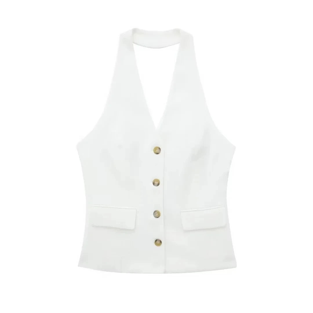 HH Pant Sets For Women Fashion Yellow Backless Button Halter Crop Vest Top Straight Trousers Elegant Office Lady Suit