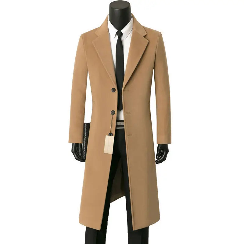 Warm Woolen Men's Coat Medium Length Casual Business Style Windbreaker Suit Collar Outerwear for Autumn And Winter