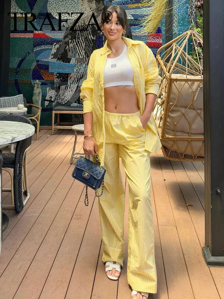 TRAFZA Blusa Listrada Amarela Feminina Calça Terno Camisa Solta Manga Longa Calças com Cordão