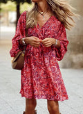 Vestido feminino com estampa floral, vintage, para trabalho, decote em V, elegante, plissado, paisley, manga bufante, babados, vestido casual