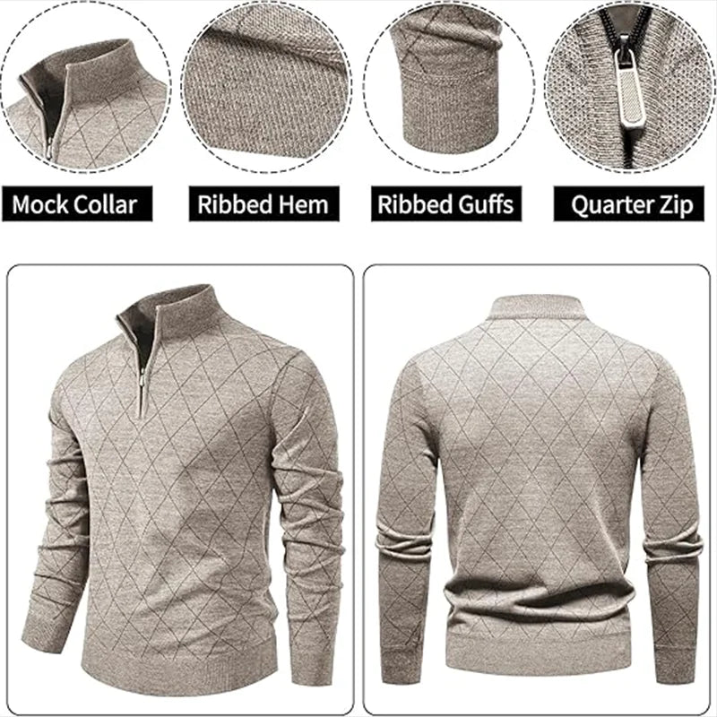 New Mens Knit Sweater American 1/4 Zip Pullover Men's Fleeced Knitwear Stand Collar Casual Sweaters Pullovers