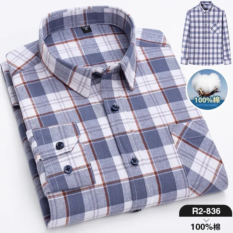 Pure Cotton Men's Plaid Shirt Long Sleeve Regular Fit Men Casual Oversized Shirt Leisure Autumn Male Clothes New Plus Size