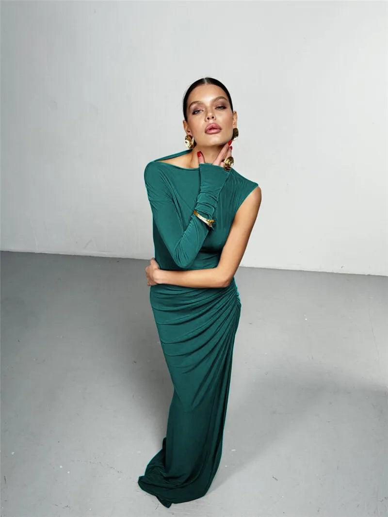 Mozision Skew Collar One Sleeve Sexy Maxi Dress For Women Gown Fashion Solid Thigh High Split Ruched Bodycon Club Long Dress