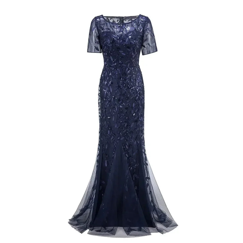 Plus Size Women's Evening Dress Fishtail Short Sleeve Lace Appliqué Tulle Stitching Personalized Design Long Party Evening Dress