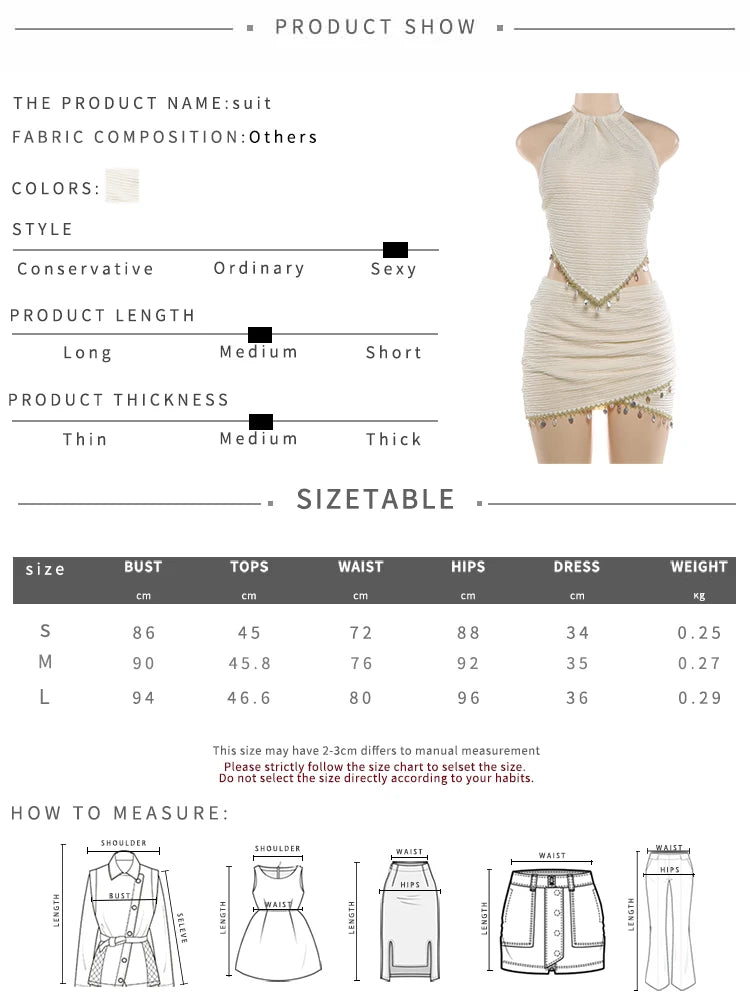 Kliou Tassel Decoration 2 Piece Set Woman Lace-UP Halter Backless Tank Tops+Skinny Mini Skirts Beach Party Sexy Fashion Outfits