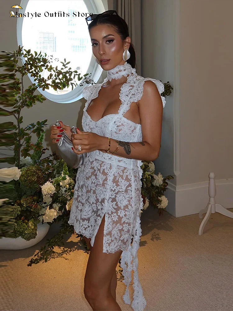 Lace Mini Skirt Set Women Hollow Out Cold Shoulder Crop Top Side Split Skirts Suit Female Summer Holiday Sexy Sets Lady Beach