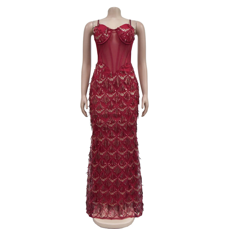 Women Sling Dress Floor Length Dresses Sequin Mesh Party Slim Bodycon Sheath Mesh Drilling Elegant Gown Sexy Vestidos 2024