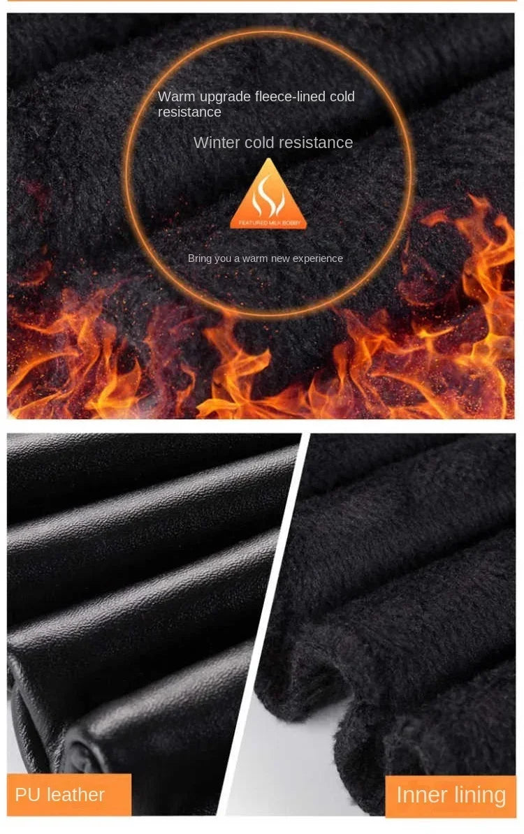 Calças de couro sintético de caxemira femininas outono/inverno 2024, grossas e de lã, cintura alta, justas e quentes, leggings pretas