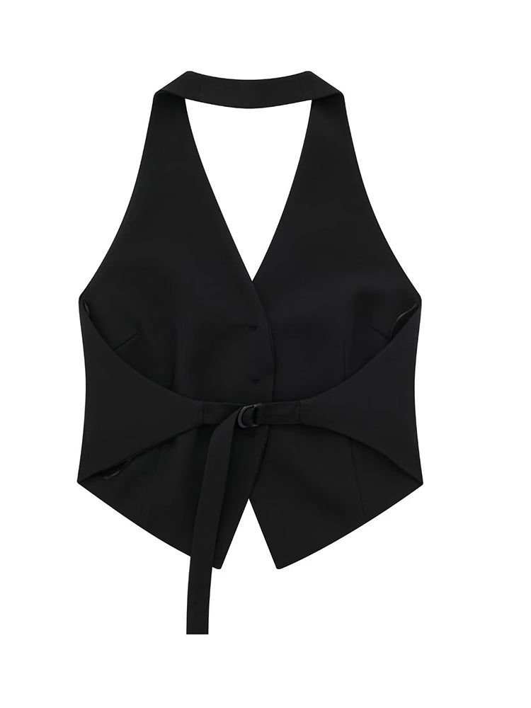 Willshela Women Fashion Black Backless Lace Up Waistcoats Vintage Halter Neck Sleeveless Jackets Female Chic Lady Tank Tops