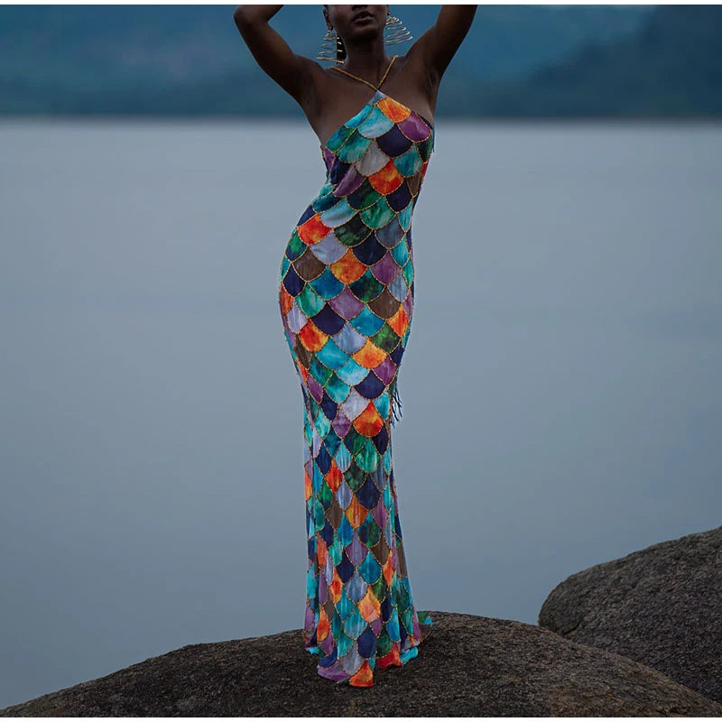 Sexy Print Long Halter Dress Women Sleeveless Backless Hip Package Female Party Dresses 2025 Spring Summer Lady Shiny Robes New