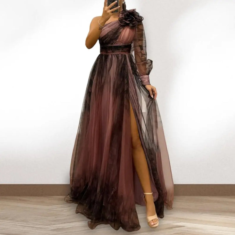 Cocktail Party Dress Elegant One Shoulder Evening Gown with 3d Flower Decor Pleated Mesh Detail Women's Banquet for Special