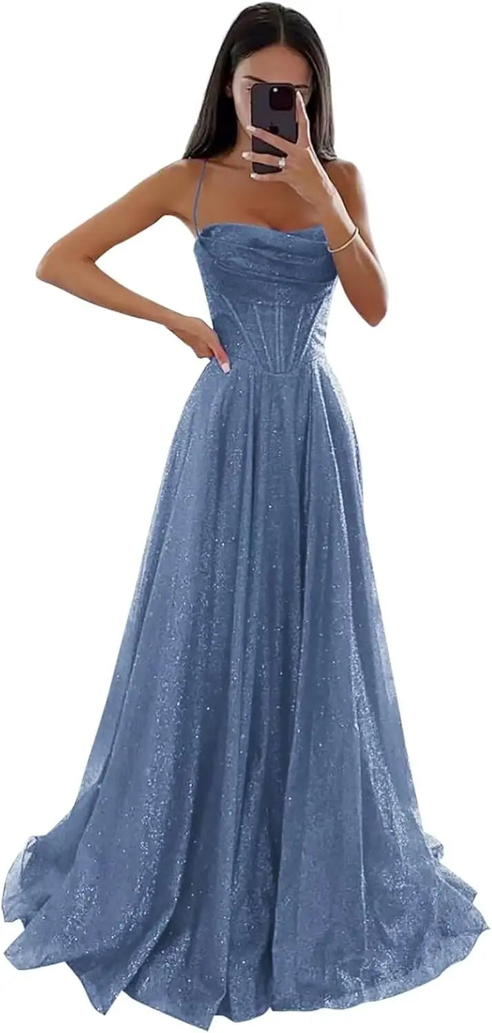 Spaghetti Straps Sleeveless Prom Dress for Women Long Shiny Tulle Formal Evening Party Gown with Slit Formal Dress Women Elegant