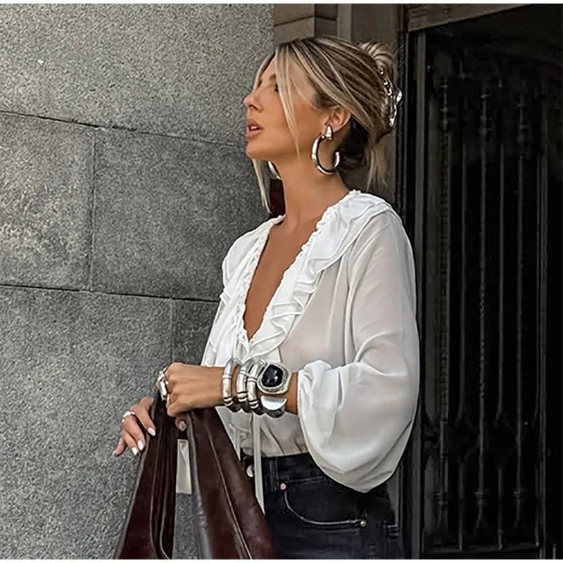Blusa de chiffon com babados e manga comprida, blusa feminina casual solta, gola V, manga comprida, blusa de rua, primavera/verão 2025