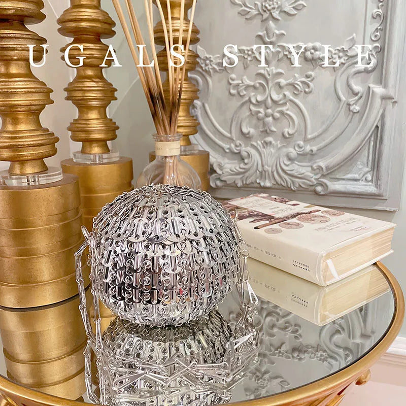 Bolsas femininas de metal lantejoulas corrente tecido saco bola forma oco sacos noite embreagem viagem férias bolsa ombro - CRAVO ROSE