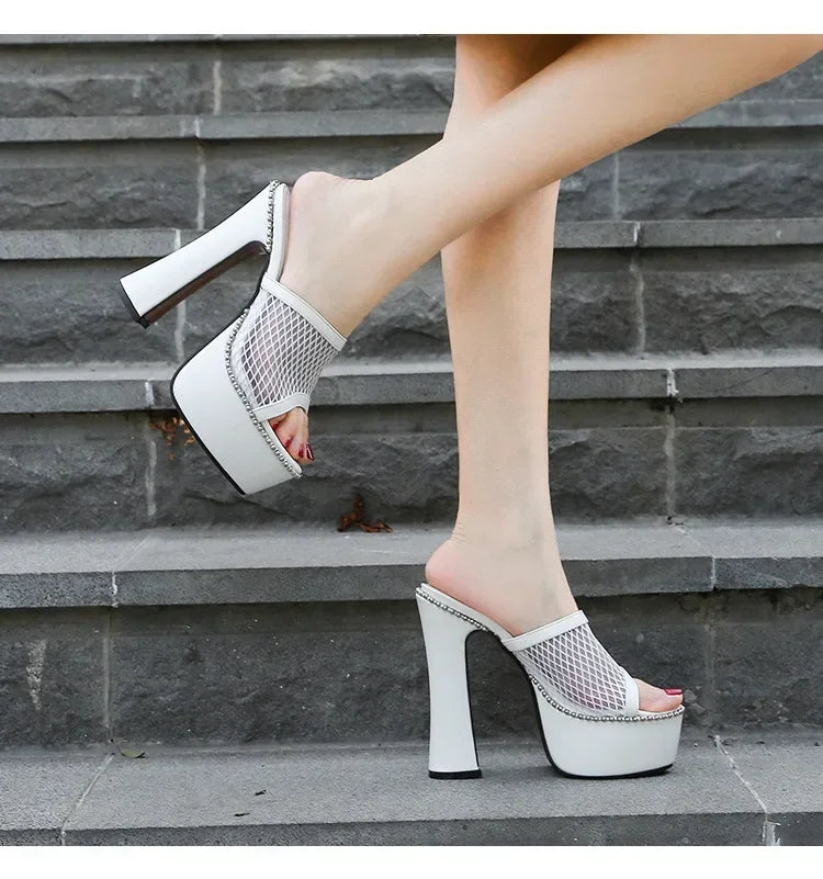Women Mesh Lace Sandals  Summer Sexy High Heels Platform Slippers Ladies Fashion Bright Leather Comfort Open Toe Sandals