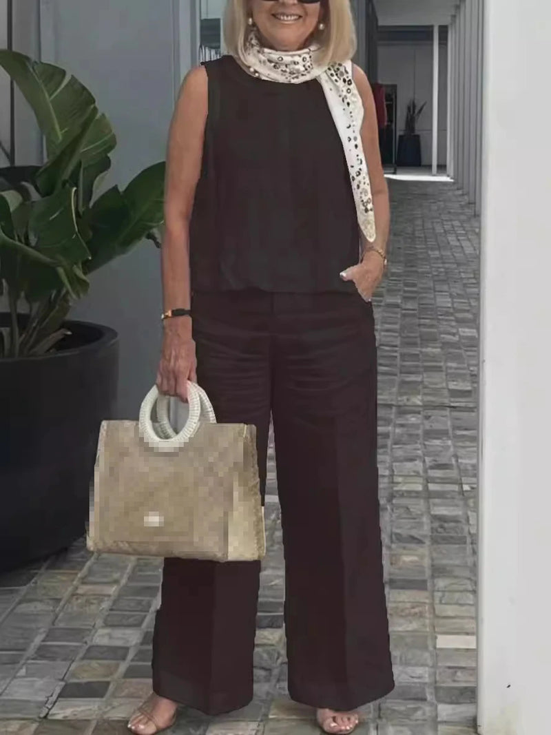 Terno feminino simples de algodão e linho, moda verão, blusa solta sem mangas, calças de perna larga, conjunto de duas peças para mulheres, roupas casuais