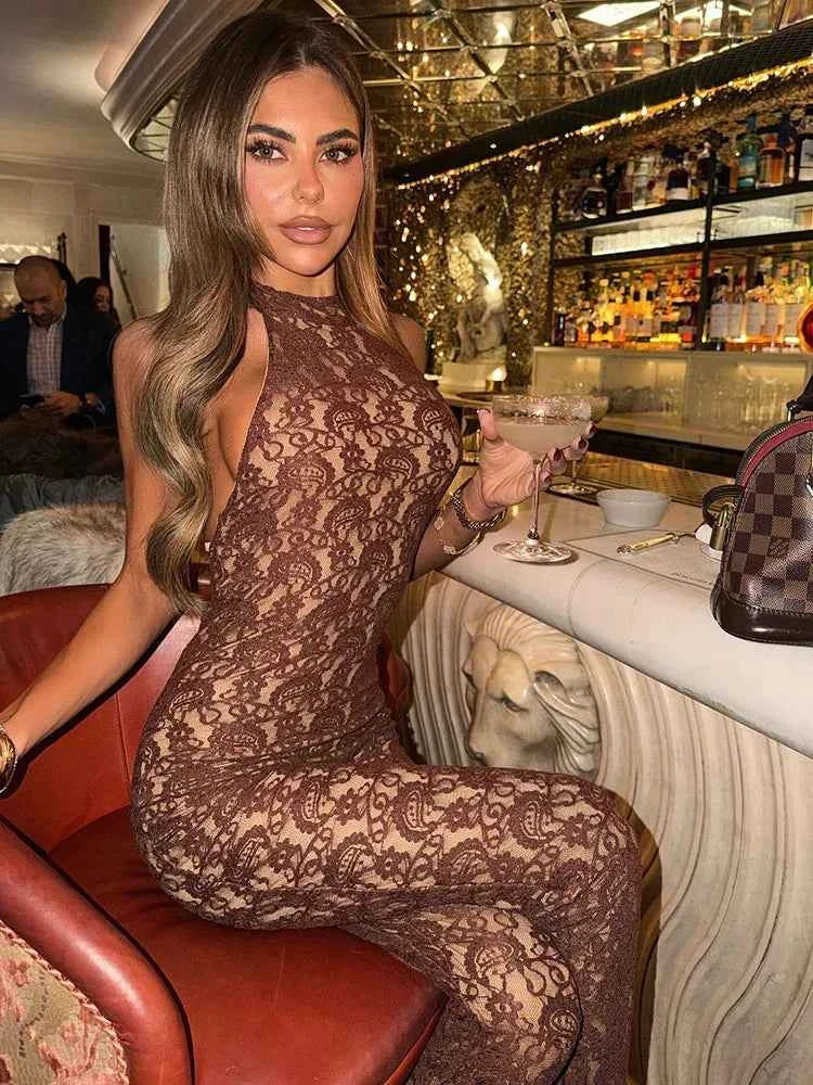 Lace Backless Sexy Jumpsuit Women Rompers Halter Off-shoulder Sleeveless Skinny Club Party Jumpsuits Female Clothes