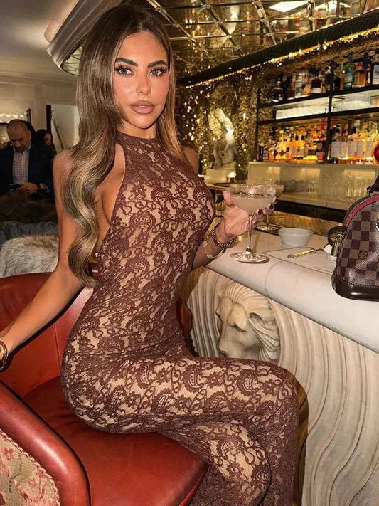 Lace Backless Sexy Jumpsuit Women Rompers Halter Off-shoulder Sleeveless Skinny Club Party Jumpsuits Female Clothes
