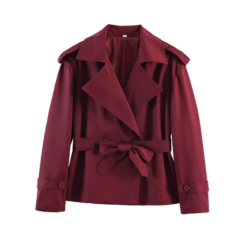 Women's Coat 2026 Spring New Style Solid Color Long Sleeve Belted Short Trench Coat European and American Personalized Fashion