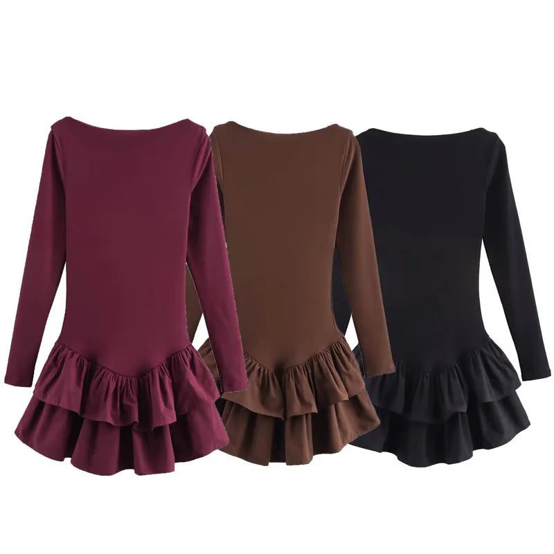 HXAO Womens Dresses Ruffled Corset Dress Summer 2025 Red Brown Black Dress O-Neck Long Sleeve Dresses Layered Party Vestidos 066