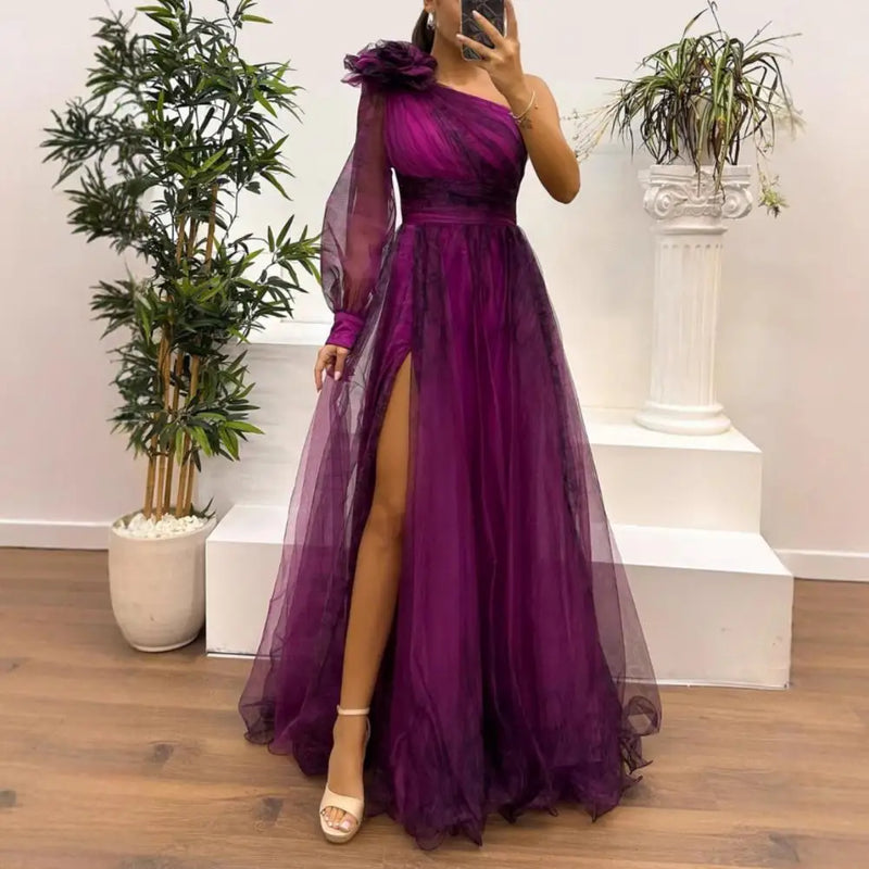 Elegant Women Evening Dress 3D Flower Pleated Mesh Banquet Dress Long Sleeve Waist A-line Floor Slit Hem Ball Gown Dress Robe