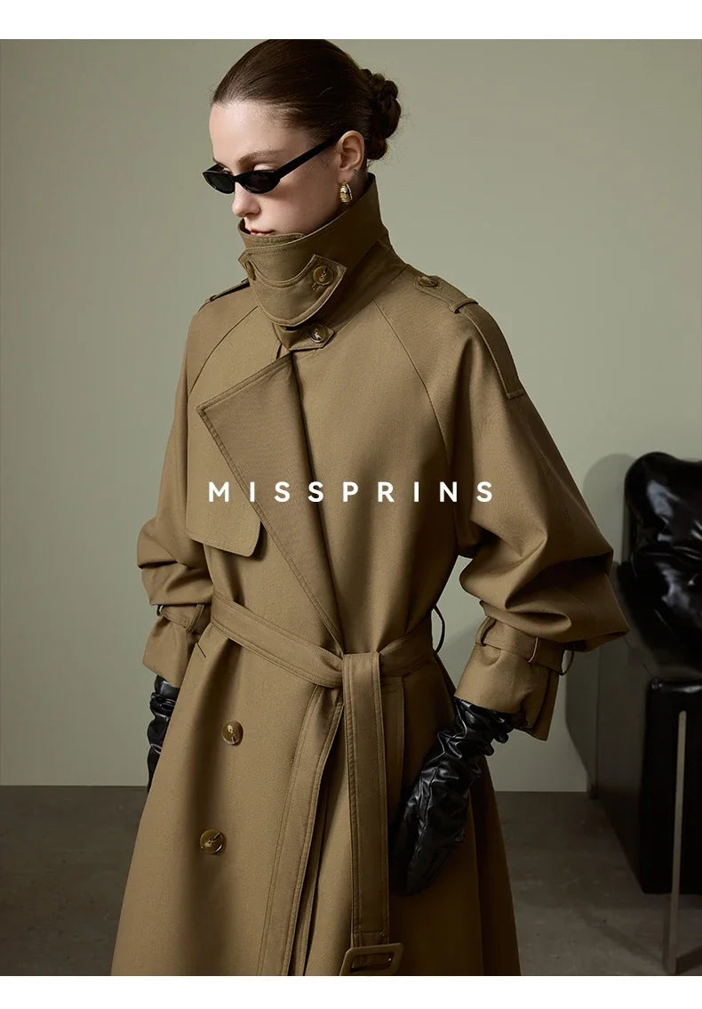 Lautaro Spring Autumn Long Khaki Trench Coat for Women Belt Double Breasted Chic Luxury Designer European Fashion Clothes 2025