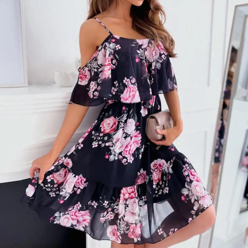 Women Dress Ruffle Spaghetti Strap Summer Dress Patchwork Off Shoulder Short Sleeve Lady Sling Dress For Beach - CRAVO ROSE