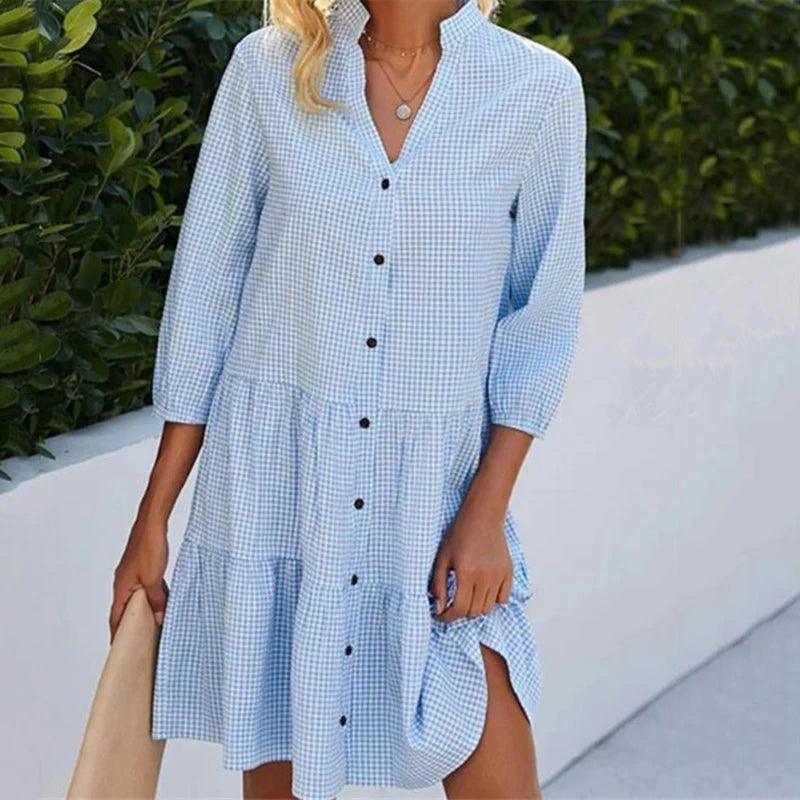 Vestido de praia feminino novo, manga curta, decote em V, patchwork, botão, sólido, moda casual, solto, elegante, vitalidade, vestido feminino em linha A - CRAVO ROSE