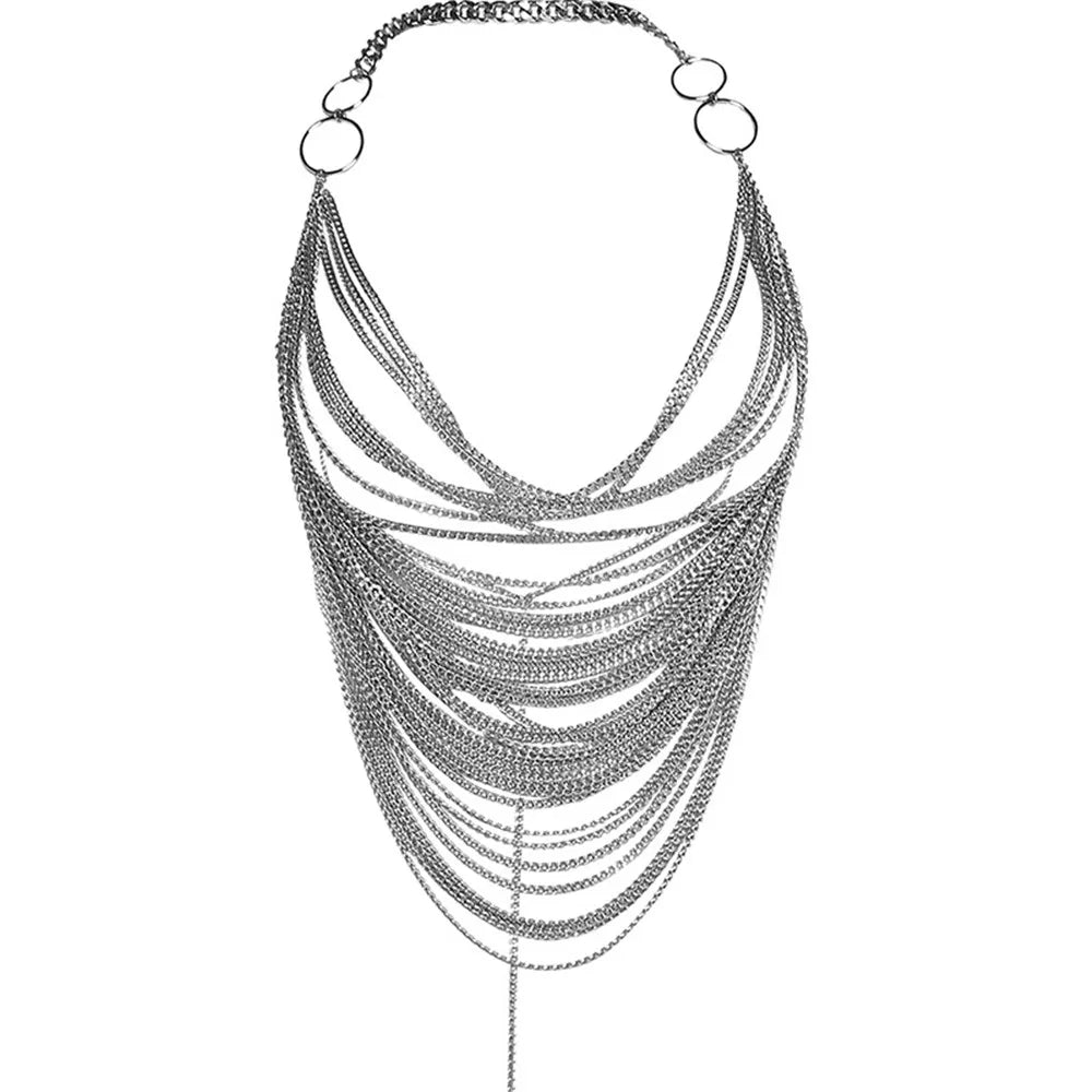 Women Metal Chain Tassel Tank Top Sexy Deep V Neck Backless Hollow Out See Through Crop Top Body Chain Party Club Camisole